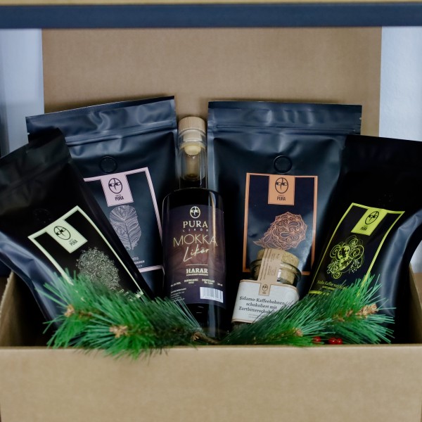 Ostern-Geschenkbox M 4x 250g Kaffee, 1x Likör, schokolierte Bohnen