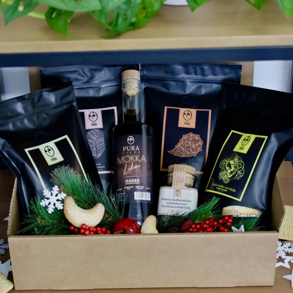 Geschenkbox M 4x 250g Kaffee, 1x Likör, schokolierte Bohnen