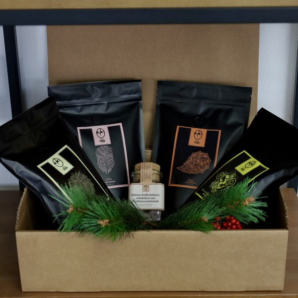 Ostern-Geschenkbox S 4x250g Kaffee + schokolierte Kaffeebohnen